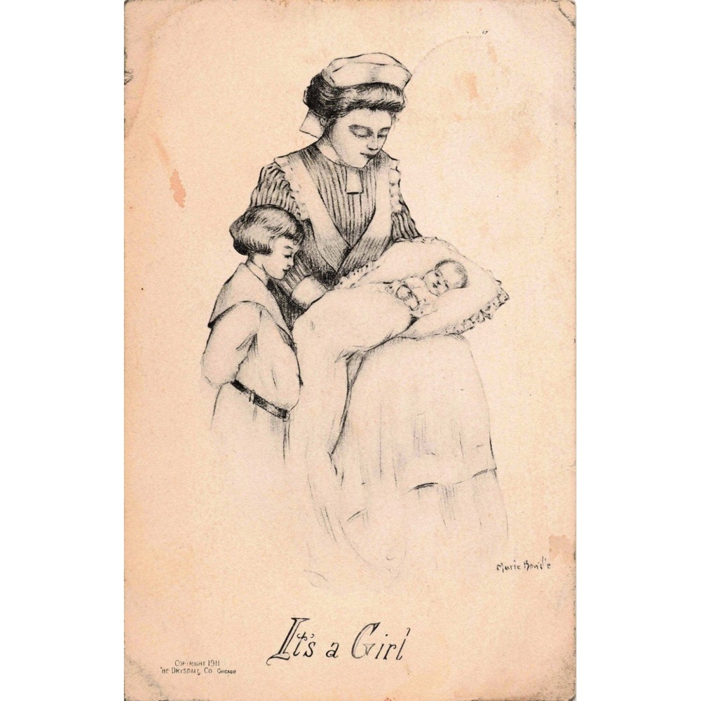 Antique 1911 Its a Girl Postcard Marie Bonville Drysdale Co Chicago Baby Nurse - Picture 1 of 2
